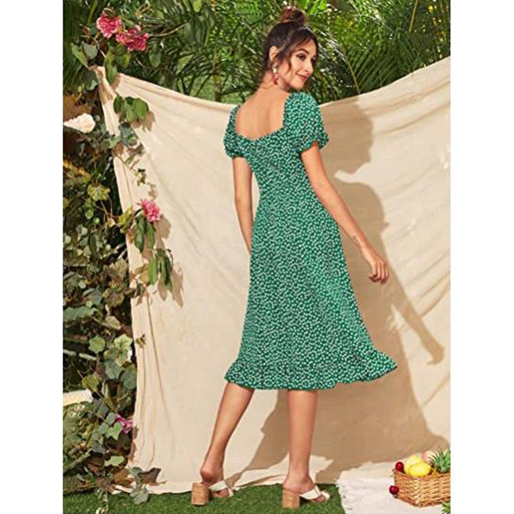 Spring And Summer Women's Floral Printed Mid-length Short-sleeved High Waist Dress